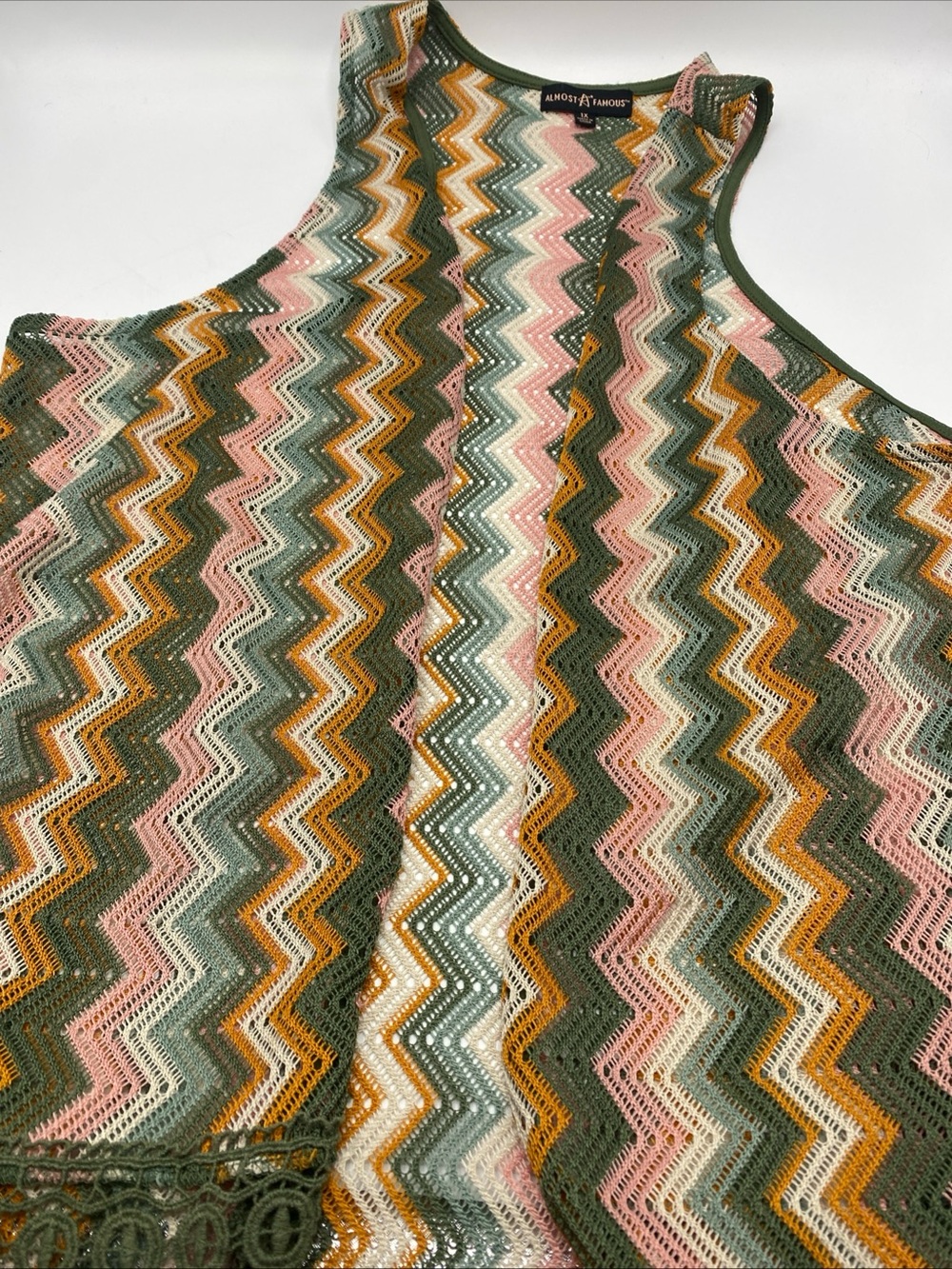 Almost Famous Womens 1X Chevron Fringe Duster Vest Boho Crochet hippie festival